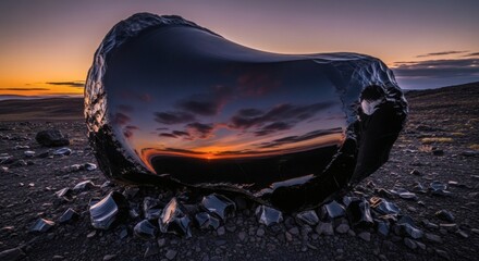 A captivating obsidian rock reflecting a vibrant sunset, a mesmerizing display of natures artistry and geological wonder, dark and mysterious