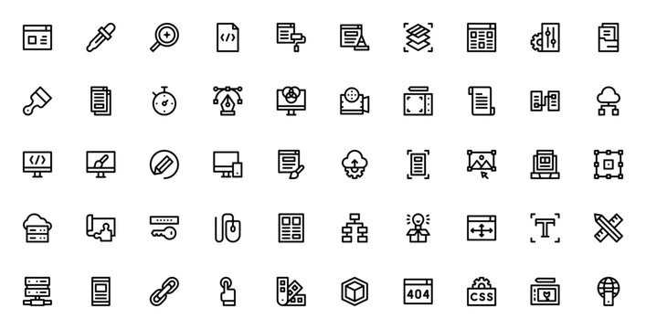 Web design icon set. Vector illustration. Includes lnding page, SEO, coding, lyout, prototype, wireframe CSS, cloud computing, pentool and more. - Powered by Adobe