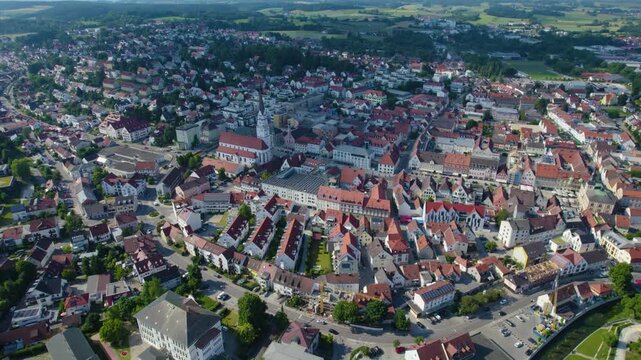 Aerial view around the city Pfaffenhofen an der Ilm in Germany., Bavaria on a sunny afternoon in spring.
