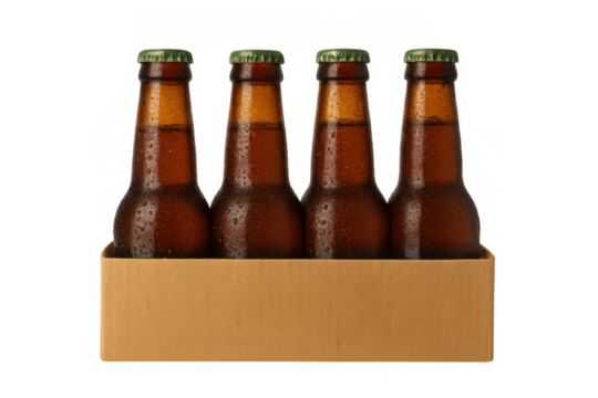Four cold amber beer bottles with condensation in a brown cardboard carrier on transparent background - Powered by Adobe