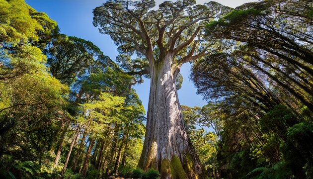 New Zealands Kauri Tree A Towering Kauri Tree With Smooth Silvery Bark And A Broad Canopy Endemic To New Zealands Forests