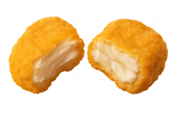 Two chicken nuggets showing golden crispy breading and tender white meat interior, fast food snack on transparent background