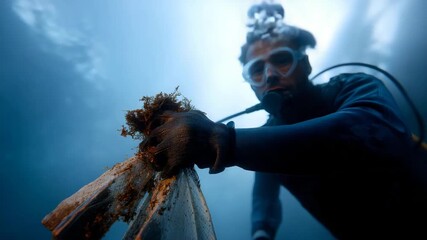 4k deep-sea diver cleaning the ocean floor, holding a large bag filled with trash and lifting a heavy, rusted metal object, underwater environment with floating