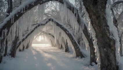 Enchanting Winter Tunnel of Ice-Covered Trees and Icicles.