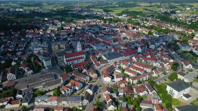 Aerial view around the city Pfaffenhofen an der Ilm in Germany., Bavaria on a sunny afternoon in spring.