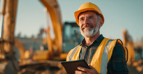 Smiling middle aged male engineer wearing hard hat and safety vest stands confidently construction site, showcasing his expertise and dedication