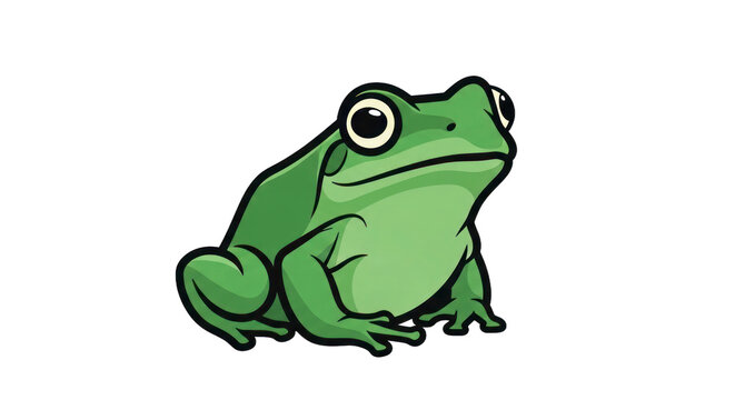 Cartoon frog illustration with green skin and large eyes on transparent background