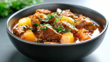 Hearty Stew: A visually rich image of a hearty stew, brimming with tender meat and golden potatoes, garnished with fresh herbs and beautifully presented in a stylish bowl.