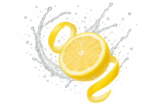 Refreshing lemon half with swirling peel and water splash, bursting with fresh citrus flavor