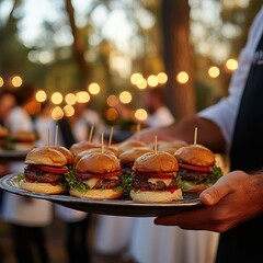 Waiter holds tray with mini burgers served at outdoor event with warm lights isolated transparent png