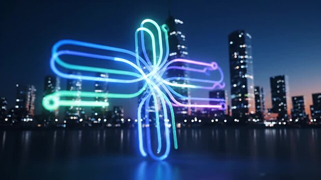 Dynamic abstract glowing light lines intertwine to form a futuristic digital network or data flow symbol set against a modern cityscape at night with illuminate