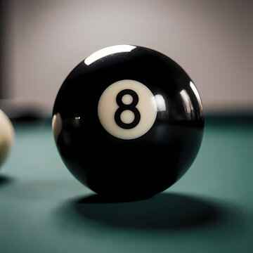 Black 8-ball in sharp focus on a quiet billiard table, blurred simple background