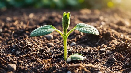 Green plant seedling emerges from fertile soil under warm sun