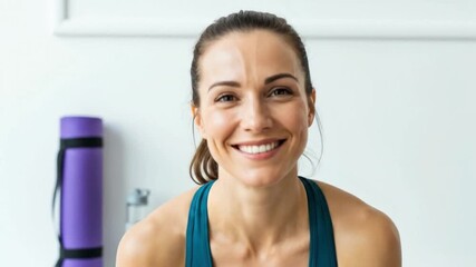 A cheerful, athletic woman with a radiant smile looks directly at the camera, exuding positivity and well-being. Dressed in a vibrant teal sports top, her warm expression conveys happiness, confidence - Powered by Adobe