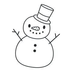 Cute cartoon snowman. Coloring page. Isolated white background. Vector illustration
