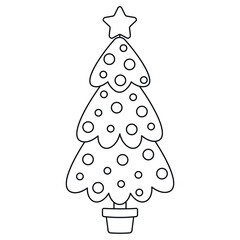 Cute cartoon Christmas tree. Coloring page. Isolated white background. Vector illustration