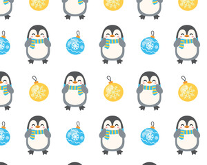 Seamless Christmas pattern. Cute penguins. Isolated background. Vector illustration