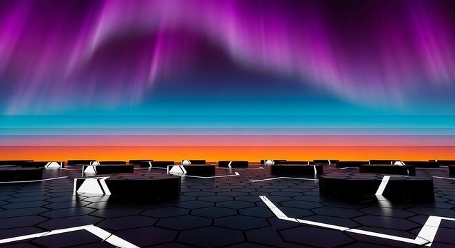 Hexagonal platforms under radiant aurora borealis with gradient sky