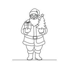 Minimalist Santa Claus with Gifts and Christmas Tree Line drawing. Line art. Illustration