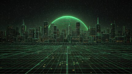 Futuristic Cyber Cityscape at Night with Green Wireframe Grid, Glowing Neon Arc, and Digital Skyline Architecture