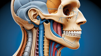 Anatomical illustration of the human pharynx. A sagittal view showing the nasopharynx, oropharynx, and laryngopharynx, detailing the upper respiratory and digestive tracts.