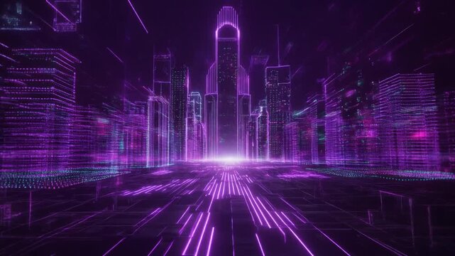 青と紫が混ざるような青い光の回路がきらきらと走り抜けるテクノロジー動画。なめらかでしっとりしたラインが奥行きを生み、未来や革新、進歩への希望を感じさせます