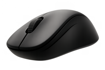 Black wireless computer mouse on transparent background, sleek compact electronic device for digital work