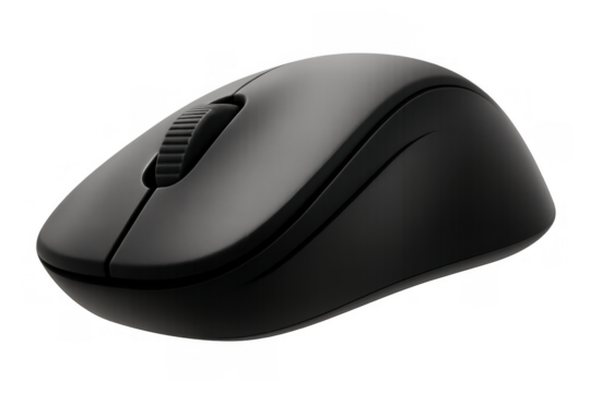 Black wireless computer mouse on transparent background, sleek compact electronic device for digital work