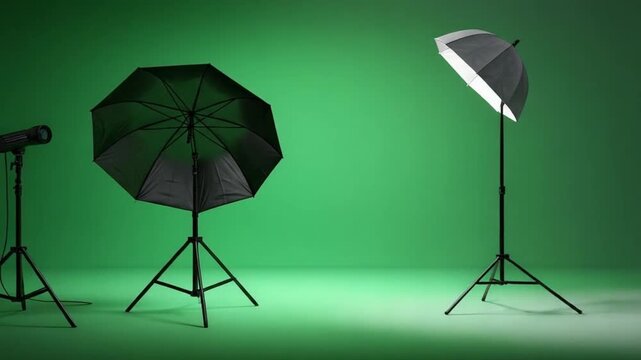 Photography studio equipment setup with green screen background.