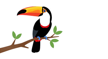 Fototapeta premium Colorful toucan bird perched on branch with leaves against transparent background