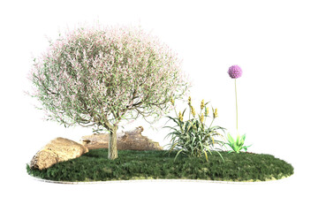 Willow tree next to a few purple allium flowers.