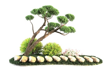 Landscape with stones bushes flowers and a tree.