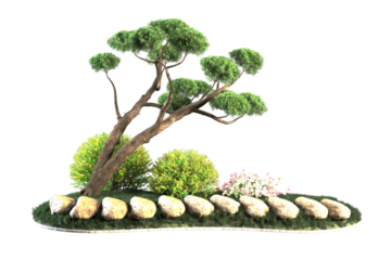 Landscape with stones bushes flowers and a tree.