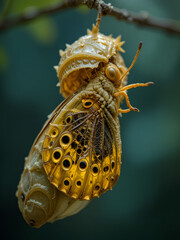 A golden birdwing butterfly has just emerged from her chrysalis