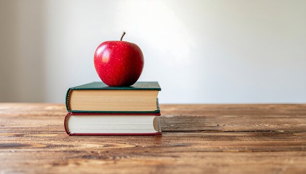 Classic education symbol featuring a stack of books with a red apple on top, placed on a wooden table in a clean, simple setting.