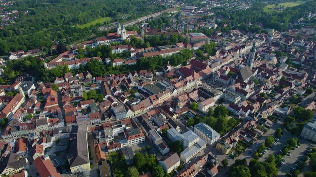 Aerial view around the city Freising in Germany., Bavaria on a sunny afternoon in spring.