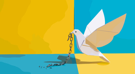 Paper dove breaking free from chains representing freedom and human rights on colorful background