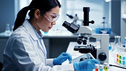 Focused researcher using microscope in a science lab, driving innovative discovery
