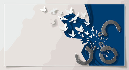 Birds flying from broken handcuffs symbolizing freedom and liberation on a blue and white backdrop for International Day for the Abolition of Slavery