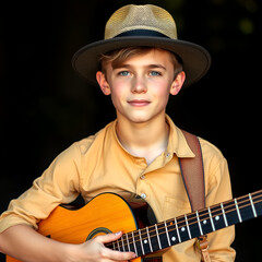 Portrait of a teenage boy wearing a hat and posing with his guitar.