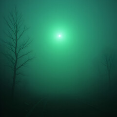 A green light illuminating a foggy scene, eerie and atmospheric