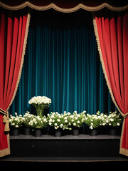 Flowers on stage in front of closed curtain at theatre
