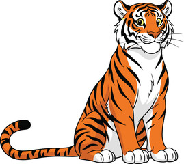 Cartoon tiger, orange fur, black stripes, white belly, sitting pose, calm expression, jungle animal, kids illustration, graphic design, education