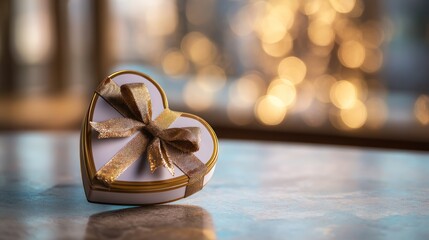Romantic heart-shaped gift box with a golden ribbon, set against a shimmering bokeh background for love, anniversary, or celebration