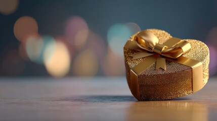 Golden heart-shaped gift box with a ribbon and bow on a blurred bokeh background, symbolizing love, celebration, and special occasions.