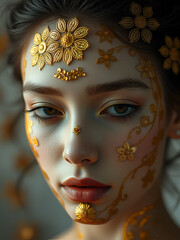 Serene portrait a face embellished with golden floral patterns