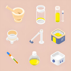 Lab Tools Icons. Isometric vector illustration set Sample preparation tools: mortar and pestle, homogenizer, ultrasonic bath,