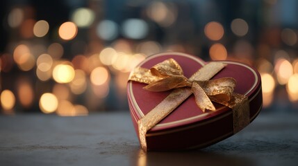 Romantic red heart-shaped gift box with gold ribbon and bow, surrounded by warm bokeh lights for love, Valentine's Day, and celebration.