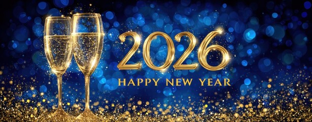 Elegant champagne celebration for New Year 2026 with golden party glasses, luxury toast and happy bubbles	