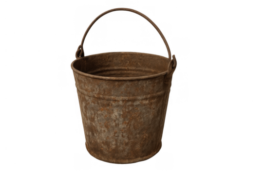 Rusty metal bucket providing a vintage, weathered, and old object. Perfect for themes of decay, antiquity, and farm life